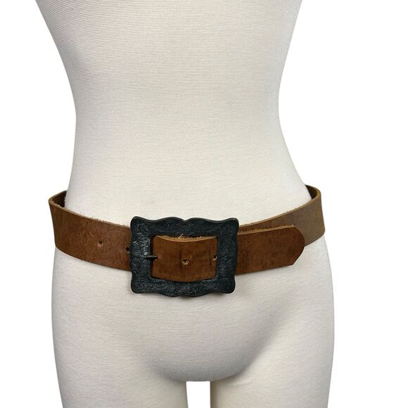 Harold’s Scroll Etched Square Metal Buckle Brown Leather Belt Sz S Western main image 8